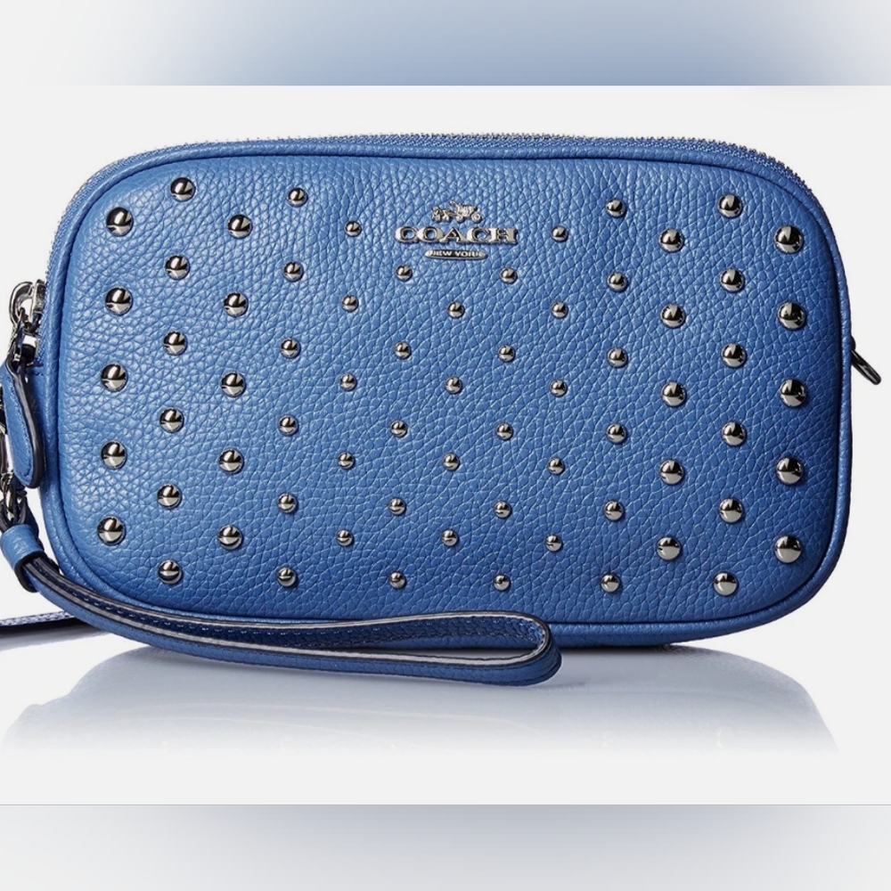 COACH Double Zip Crossbody Lapis Blue Ombre Rivets Pebbled Leather Small